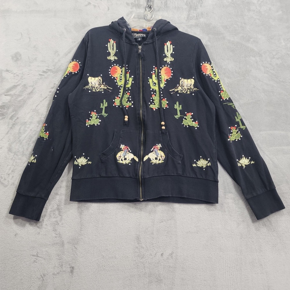 Cattlelac Ranch Hoodie Womens XL Black Western Cactus Cowboy Full Zip Sweatshirt